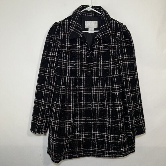 BB Dakota Pea Coat Womens Size Large Black Pink Plaid Two Button Front Acrylic - Picture 1 of 11